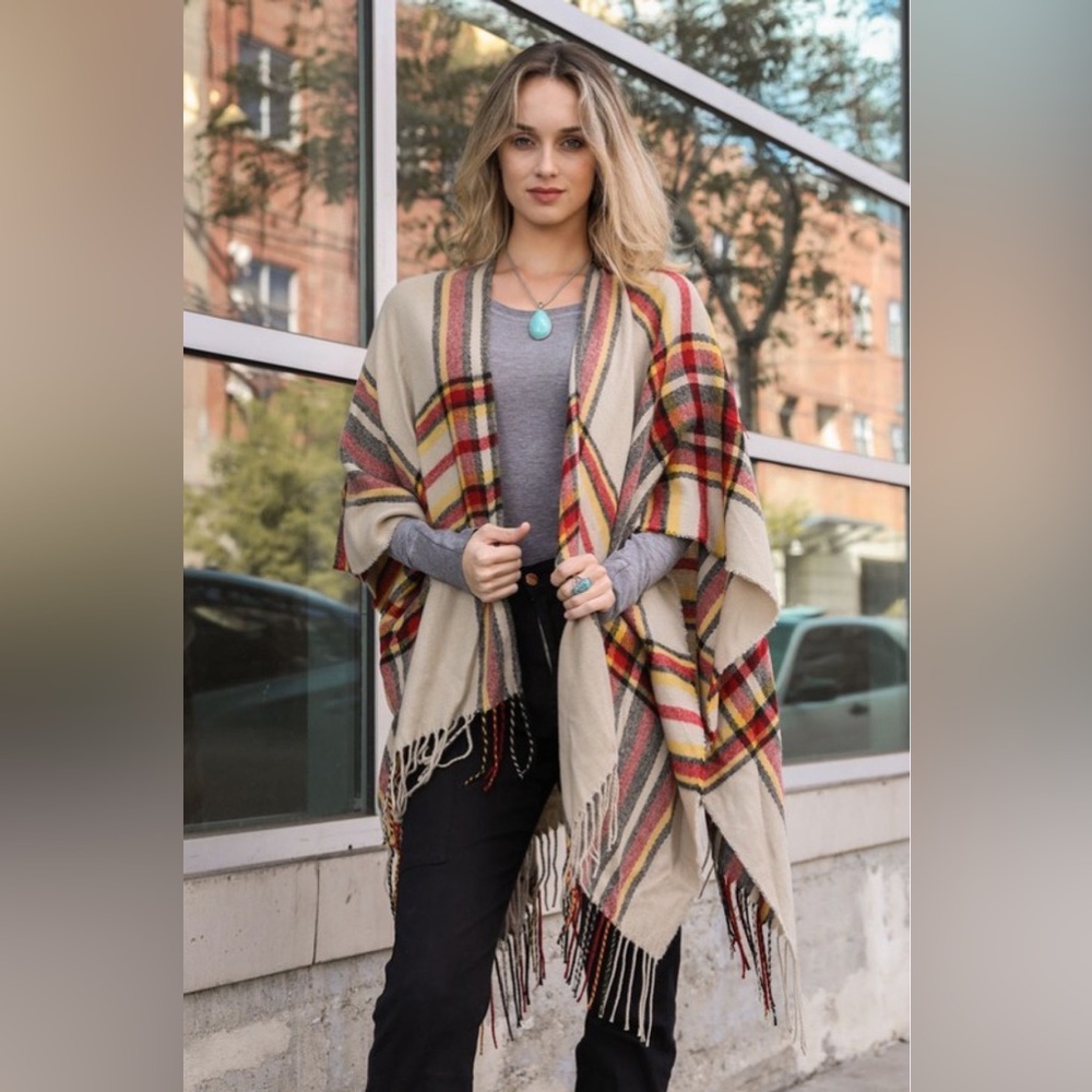 Plaid Multicolor Fringe Poncho - Picture 6 of 6